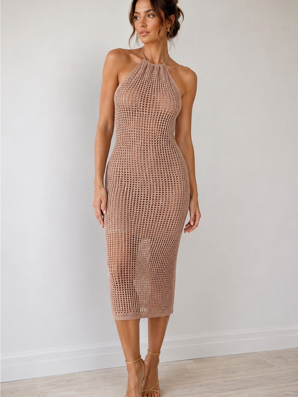 Express Crochet Halter Midi Dress - Tan